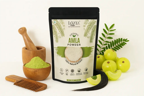 Lavaya Organic Amla Powder product with natural ingredients and hair care accessories