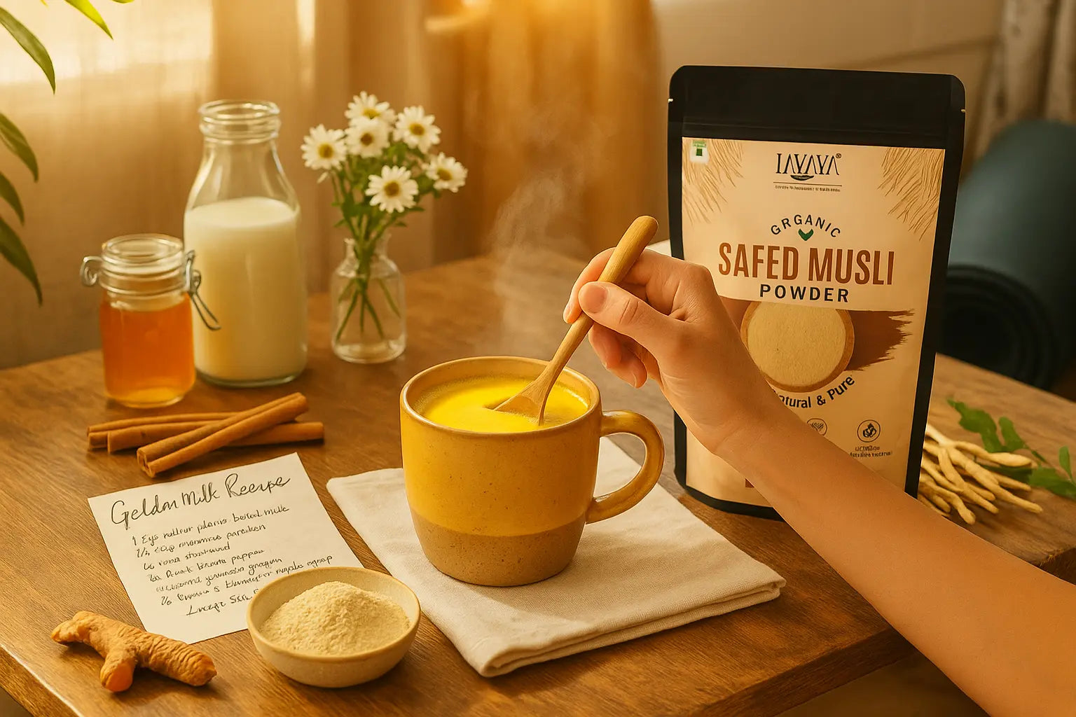 LAVAYA organic safed musli powder usage guide - golden milk recipe with turmeric latte, honey, cinnamon, ginger root, and safed musli roots showing how to unlock maximum vitality benefits