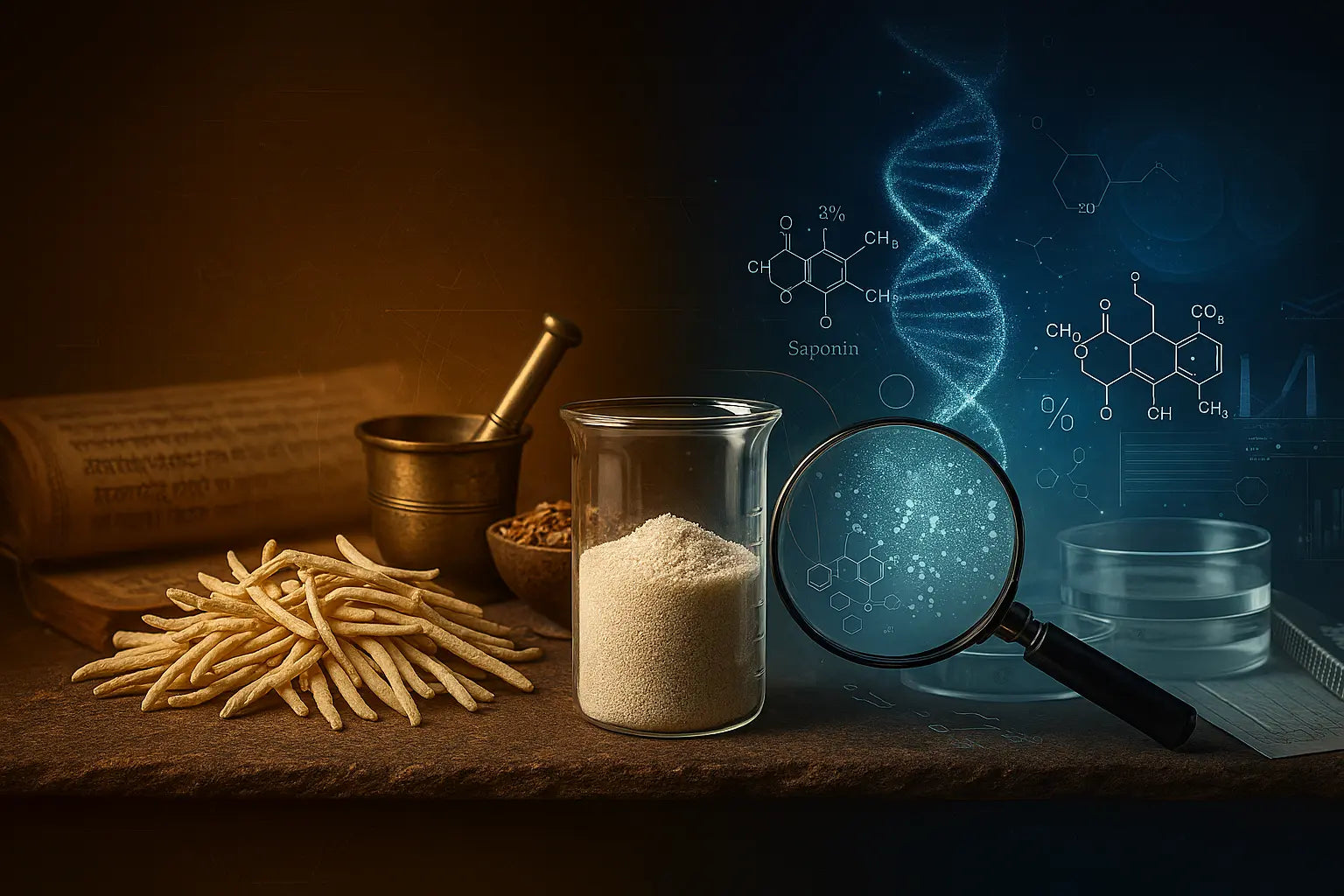 Science behind safed musli powder vitality enhancer - traditional Ayurvedic herbs meet modern research with DNA helix, saponin molecular structure, magnifying glass, mortar and pestle, and safed musli roots