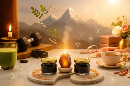 Wellness lifestyle scene featuring two dark jars and glowing amber resin on wooden platforms, surrounded by dumbbells, green smoothie, tea, flowers, and floating herbs with wellness icons.