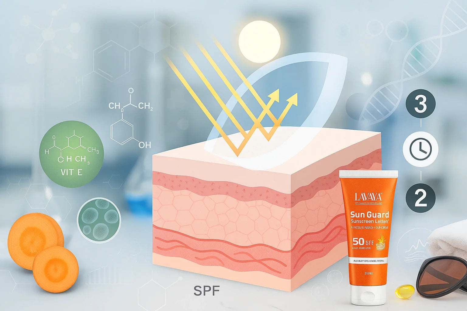 Sunguard SPF 50 science guide - skin cross-section showing UV protection with TAVAYA sunscreen, vitamin E, carrot extract and molecular structures