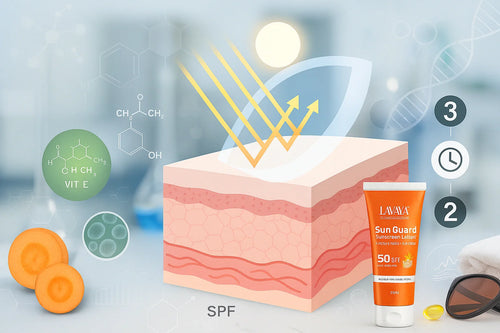 Sunguard SPF 50 science guide - skin cross-section showing UV protection with TAVAYA sunscreen, vitamin E, carrot extract and molecular structures