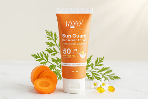 LAVAYA Sunguard SPF 50 sunscreen lotion 50gm with green tea and vitamin C - UV shield with carrot, green leaves and vitamin E