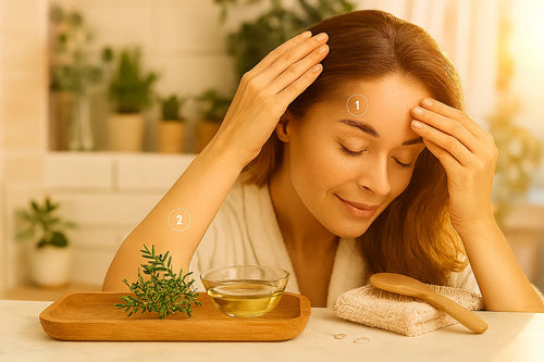 Woman with closed eyes touching her forehead and hairline, with tea tree oil and natural skincare items on table