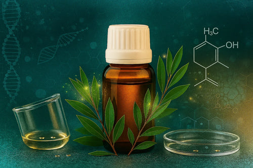 Tea tree essential oil bottle with laboratory glassware, fresh tea tree leaves, and molecular structure diagram on teal background