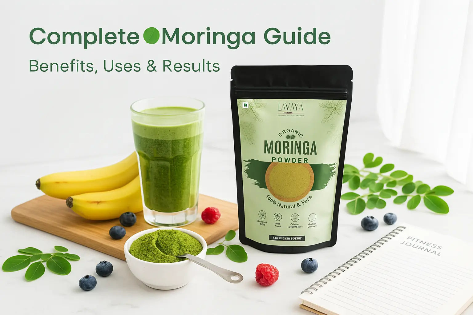 Complete moringa powder guide showing green smoothie, fresh bananas, berries, TAVAYA organic moringa pouch, measuring spoon, and wellness journal - benefits, uses and results for daily nutrition
