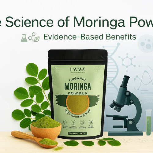 Science of moringa powder - LAVAYA organic moringa supplement with microscope, DNA helix, fresh moringa leaves, and wooden bowl showing evidence-based health benefits for women