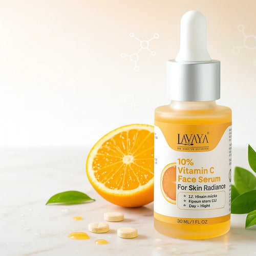 Lavaya 10% Vitamin C face serum bottle with dropper, fresh orange slice, and vitamin tablets on neutral background