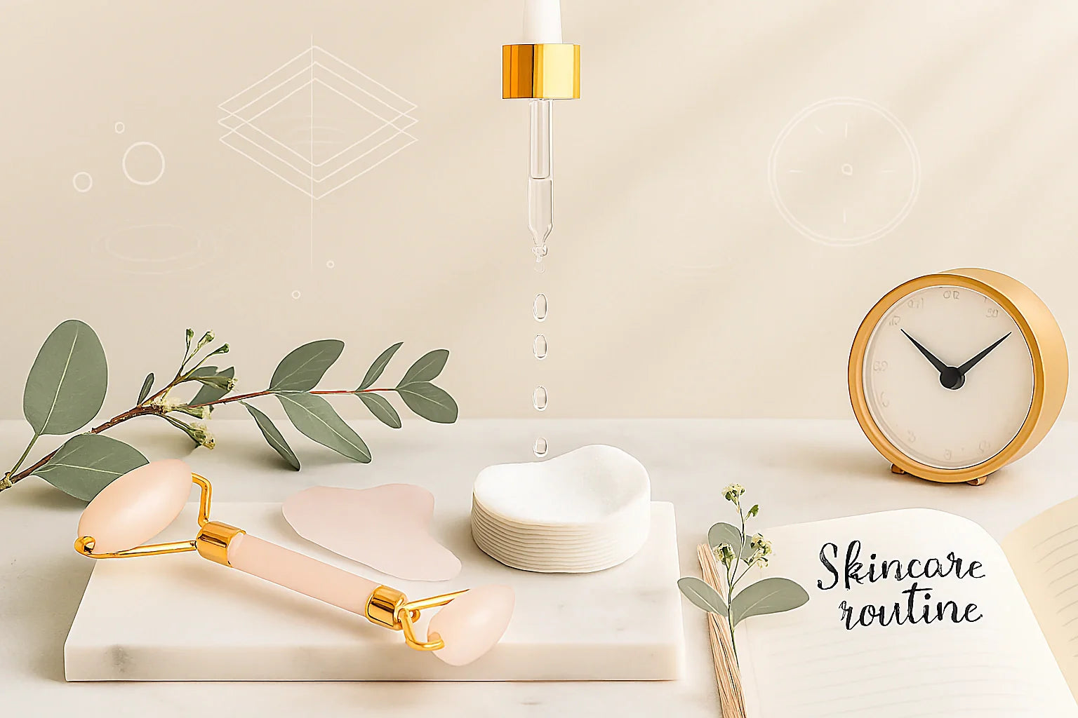 Skincare routine flatlay with rose quartz facial roller, gua sha tool, serum dropper, cream jar, and gold clock