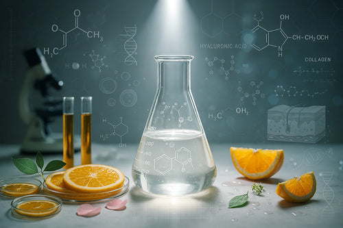 Laboratory beaker with orange slices and scientific molecular formulas showing hyaluronic acid and collagen structures