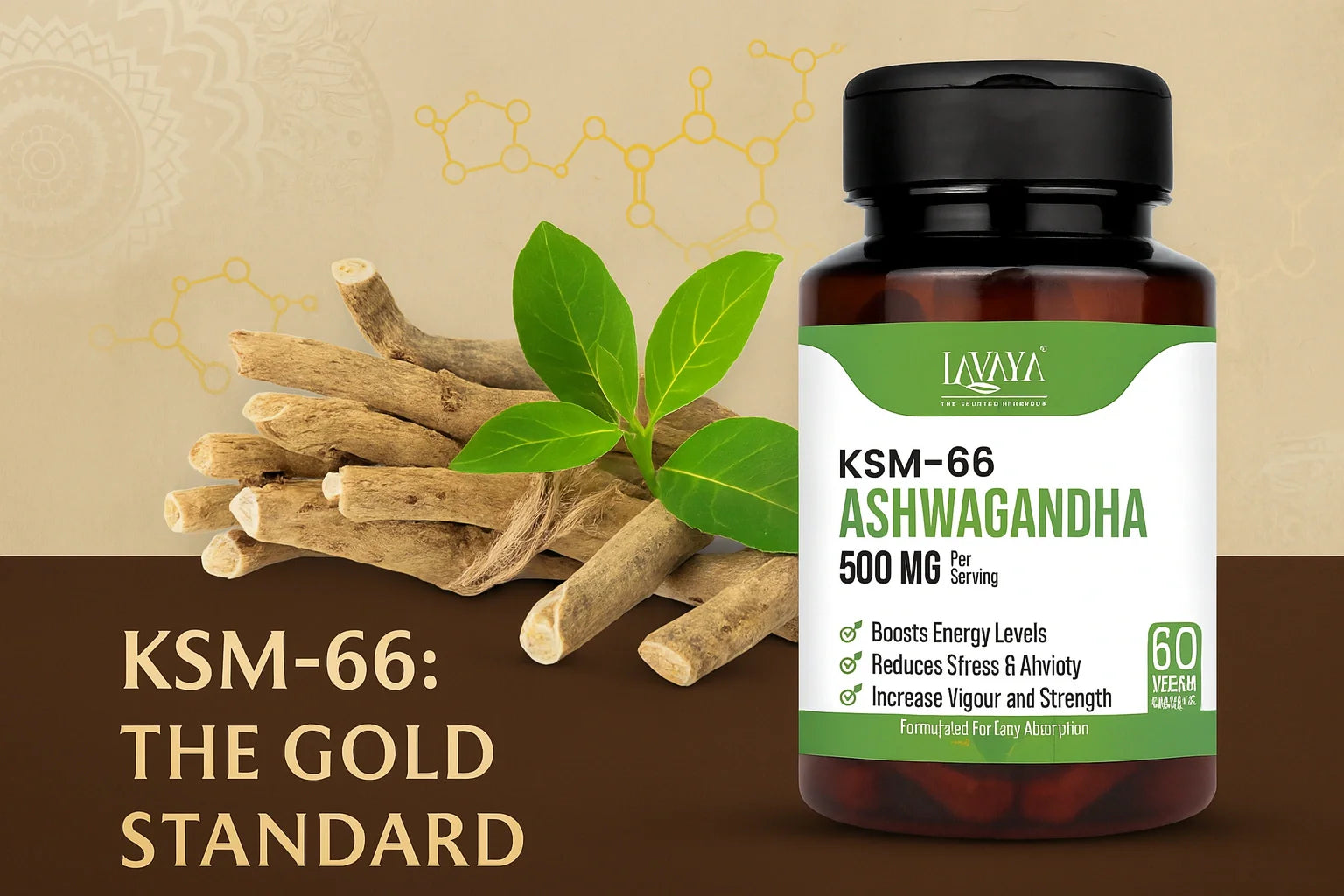 Lavaya KSM-66 Ashwagandha 500mg capsules gold standard extract ashwagandha roots
