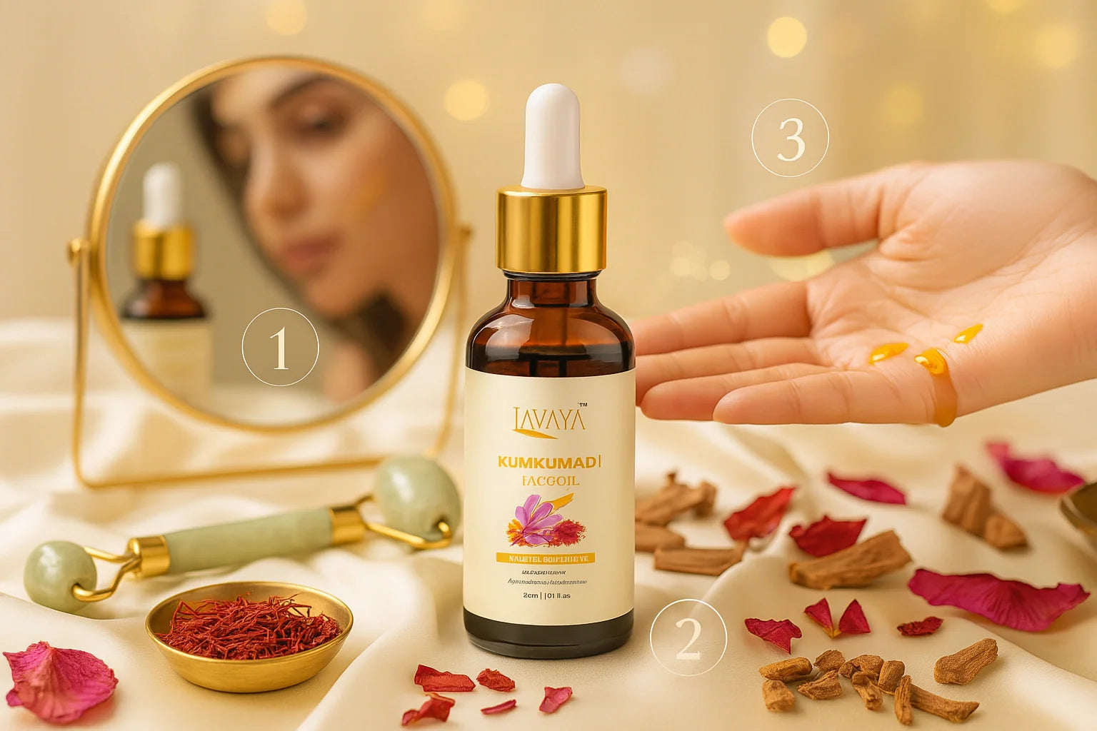 Kumkumadi face oil by LAVAYA with dropper bottle, jade roller, saffron threads, and rose petals on vanity with mirror - complete skincare guide