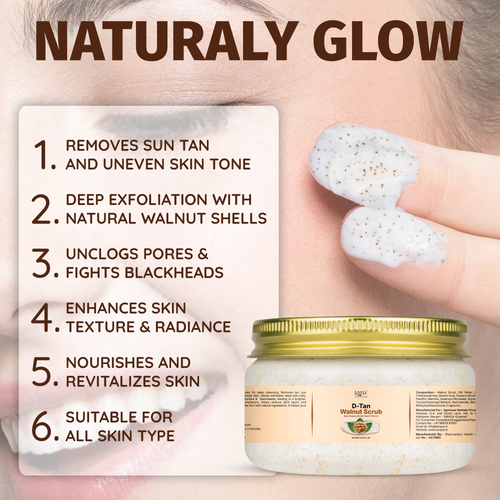 De-Tan Scrub for Face & Body 120ml | Tan Removal, Skin Brightening & Exfoliation | Deep Pore Cleansing, Blackhead Cleanser & Dead Skin Remover | Natural Glow Enhancer with Walnut | For Men & Women