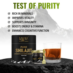 Lavaya Pure Shilajit product with benefits listed against a mountainous background