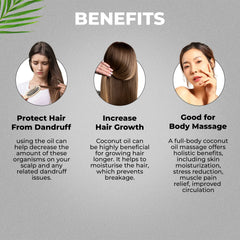 Lavaya Coconut Oil benefits: Protects hair from dandruff, increases hair growth, good for body massage with moisturizing and stress relief effects. Shows women with hair and massage.
