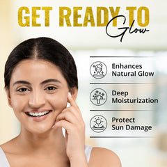 Get Ready to Glow graphic displaying benefits of Kumkumadi face oil: enhances natural glow, deep moisturization, and protects from sun damage.