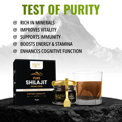 Layava Shilajit products with a mountain background and text about its benefits.