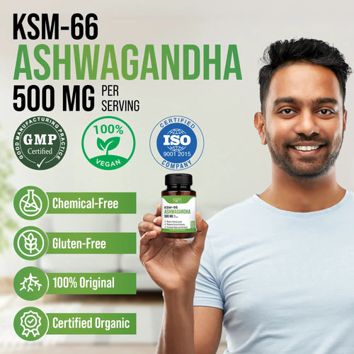 Man holding a bottle of Lavaya KSM-66 Ashwagandha Capsule with certification logos on a light background