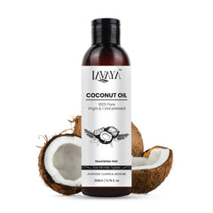 A bottle of 100% Pure and Virgin Cold-Pressed Coconut Oil by Lavaya, with a halved coconut background, ideal for hair and skin care.