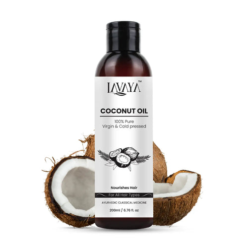 A bottle of 100% Pure and Virgin Cold-Pressed Coconut Oil by Lavaya, with a halved coconut background, ideal for hair and skin care.