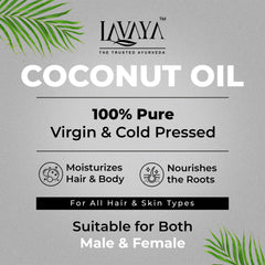 Lavaya 100% Pure Cold-Pressed Coconut Oil ad: Highlights purity, nutrient retention, perfect for hair and skin care. Shows bottle with coconut halves.