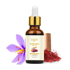Lavaya Kumkumadi Face Oil bottle with saffron and flower on a white background