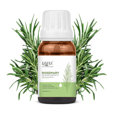 Bottle of Lavaya Rosemary essential oil with rosemary leaves on a white background