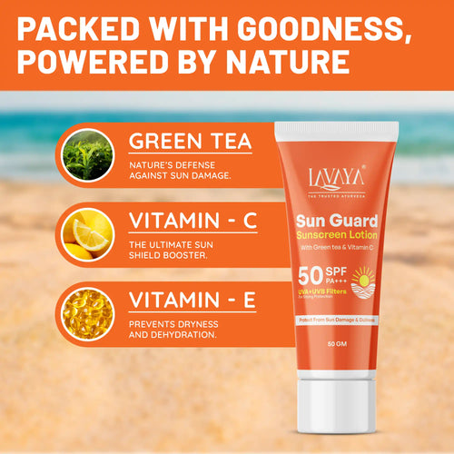 Lavaya Sun Guard Sunscreen Lotion with green tea, vitamin C, and vitamin E on a beach background.