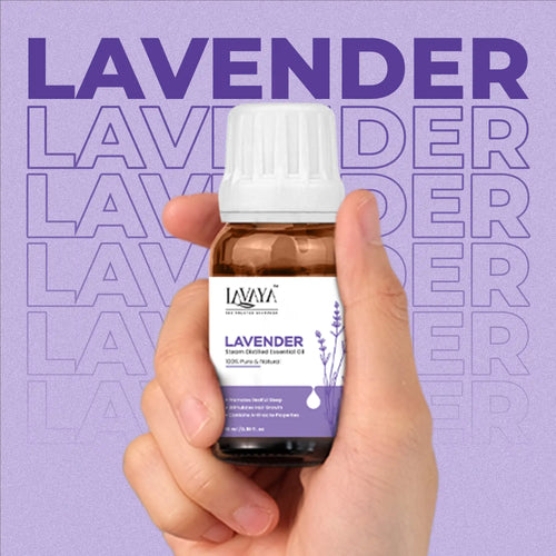 Hand holding a bottle of Lavaya Lavender essential oil against a blue background with 