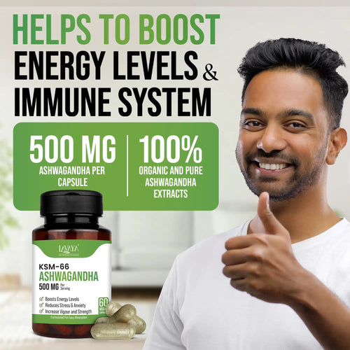 KSM-66 Ashwagandha supplement with a man giving a thumbs up, highlighting energy levels and immune system boost.