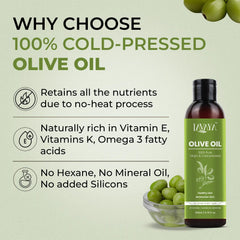 Show why Use this Lavaya Olive oil for Hair With Detail like This oil is Cold Pressed make without Heating Process and rich in Vitamin E with Omega 3 Fatty Acids