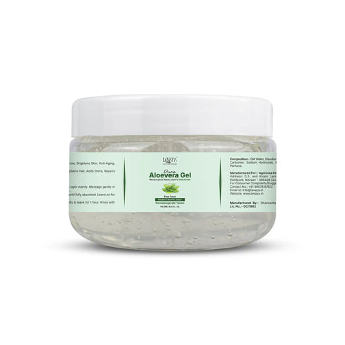 Jar of Lavaya aloe vera gel with a white lid on a white background