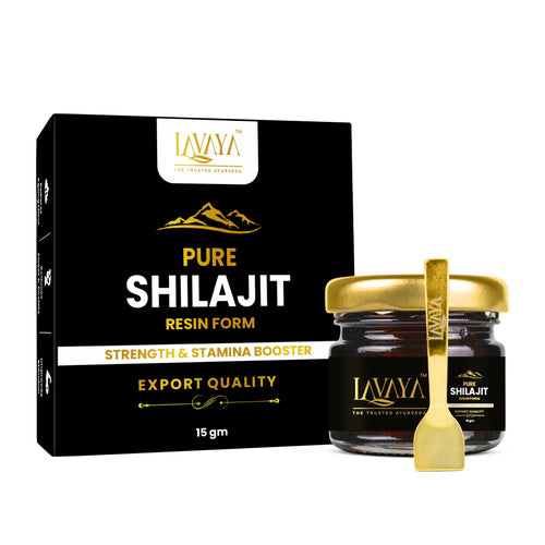 Lavaya Shilajit resin packaging with a jar and scoop on a white background