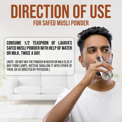 Lavaya Safed Musli Powder Direction of use with man drinking water 
